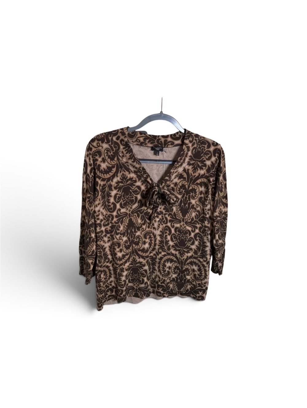 Talbots Woman Brown Damask Silk Blend Tie-Front Top 1X Dark Academia Old Money